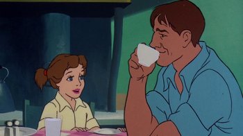 Movie still from “Charlotte's Web” (1973), directed by Iwao Takamoto – A man and a little girl are sitting at a table eating food; Medium shot, Over the shoulder angle