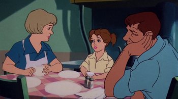 Movie still from “Charlotte's Web” (1973), directed by Iwao Takamoto – A group of people sitting around a table; Medium shot, Over the shoulder angle