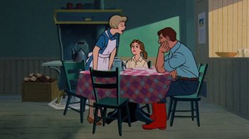 Movie still from “Charlotte's Web” (1973), directed by Iwao Takamoto – A group of people sitting around a table; Medium shot, Over the shoulder angle