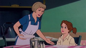 Movie still from “Charlotte's Web” (1973), directed by Iwao Takamoto – An animated scene of a woman serving a child; Medium shot, Over the shoulder angle