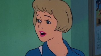 Movie still from “Charlotte's Web” (1973), directed by Iwao Takamoto – A woman with short blonde hair is looking surprised; Close Up shot, Low angle