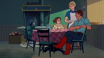 Movie still from “Charlotte's Web” (1973), directed by Iwao Takamoto – A group of people sitting around a table; Medium shot, Over the shoulder angle