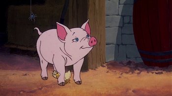 Movie still from “Charlotte's Web” (1973), directed by Iwao Takamoto – A pig and a chick are standing in the dirt; Close Up shot, High angle