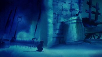 Movie still from “Charlotte's Web” (1973), directed by Iwao Takamoto – A black cat sitting next to a fork in the dark; Wide shot, High angle