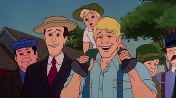 Movie still from “Charlotte's Web” (1973), directed by Iwao Takamoto – A group of people standing next to each other; Medium shot, Low angle