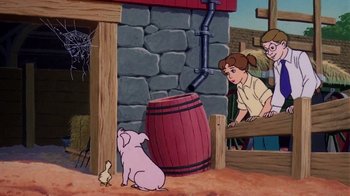 Movie still from “Charlotte's Web” (1973), directed by Iwao Takamoto – A pig and two girls looking at a barrel in a barn; Medium shot, High angle