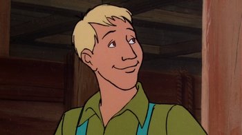 Movie still from “Charlotte's Web” (1973), directed by Iwao Takamoto – A cartoon character with blond hair; Close Up shot, Low angle