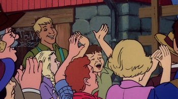 Movie still from “Charlotte's Web” (1973), directed by Iwao Takamoto – A group of people standing next to each other in front of a building; Medium shot, Over the shoulder angle