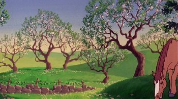 Movie still from “Charlotte's Web” (1973), directed by Iwao Takamoto – An oil painting of trees in a green field; Extreme Wide shot, Low angle