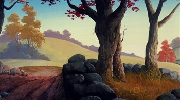 Movie still from “Charlotte's Web” (1973), directed by Iwao Takamoto – A painting of a tree next to a rock wall; Extreme Wide shot, Low angle