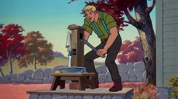 Movie still from “Charlotte's Web” (1973), directed by Iwao Takamoto – A cartoon of a man using a knife to cut a tree trunk; Medium shot, Low angle