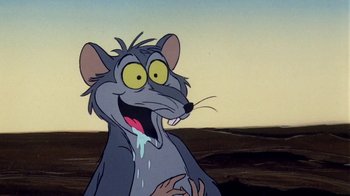 Movie still from “Charlotte's Web” (1973), directed by Iwao Takamoto – A cartoon of a mouse with a mouth wide open; Close Up shot, Low angle