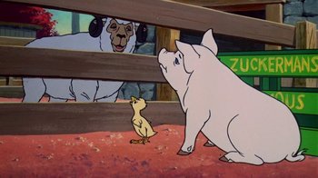 Movie still from “Charlotte's Web” (1973), directed by Iwao Takamoto – A painting of a pig and a chick in a barn; Medium shot, Over the shoulder angle