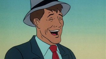 Movie still from “Charlotte's Web” (1973), directed by Iwao Takamoto – An animated picture of a man in a suit and a hat laughing; Close Up shot, Low angle