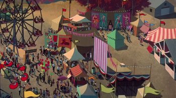 Movie still from “Charlotte's Web” (1973), directed by Iwao Takamoto – An aerial view of a carnival with tents and a lot of people; Extreme Wide shot, High angle