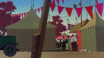 Movie still from “Charlotte's Web” (1973), directed by Iwao Takamoto – A group of people standing in front of a red tree; Wide shot, Low angle