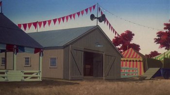 Movie still from “Charlotte's Web” (1973), directed by Iwao Takamoto – An old barn with a red and white flag hanging from it's roof; Extreme Wide shot, Low angle