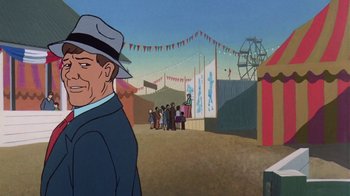 Movie still from “Charlotte's Web” (1973), directed by Iwao Takamoto – An animated picture of a man in a hat and a suit; Medium shot, Over the shoulder angle