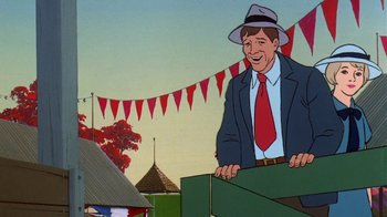 Movie still from “Charlotte's Web” (1973), directed by Iwao Takamoto – An animated picture of a man in a suit and hat; Medium shot, Low angle