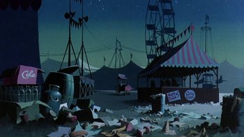 Movie still from “Charlotte's Web” (1973), directed by Iwao Takamoto – An animated scene of a carnival with a lot of garbage around it; Extreme Wide shot, Low angle