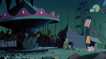 Movie still from “Charlotte's Web” (1973), directed by Iwao Takamoto – An animated scene of a carousel with a swan on top; Wide shot, Low angle