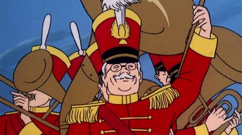 Movie still from “Charlotte's Web” (1973), directed by Iwao Takamoto – An animated picture of a man in a red uniform; Close Up shot, Low angle