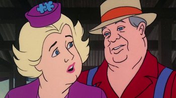 Movie still from “Charlotte's Web” (1973), directed by Iwao Takamoto – An old man and a woman standing next to each other; Close Up shot, Over the shoulder angle