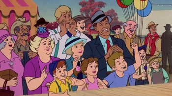 Movie still from “Charlotte's Web” (1973), directed by Iwao Takamoto – A group of people that are sitting in front of a wall; Medium shot, Over the shoulder angle