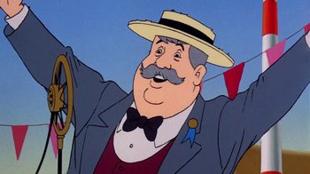 Movie still from “Charlotte's Web” (1973), directed by Iwao Takamoto – A man with a mustache wearing a hat and a suit; Close Up shot, Low angle