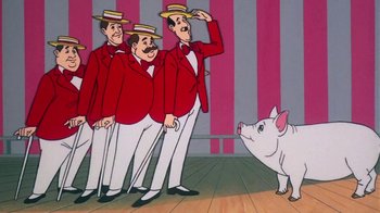 Movie still from “Charlotte's Web” (1973), directed by Iwao Takamoto – A group of men standing next to each other in front of a pig; Medium shot, Low angle