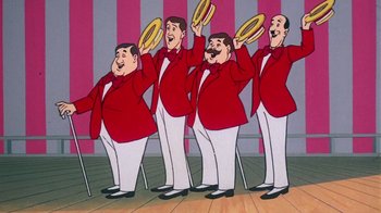 Movie still from “Charlotte's Web” (1973), directed by Iwao Takamoto – A group of men standing next to each other holding frisbees; Medium shot, Low angle