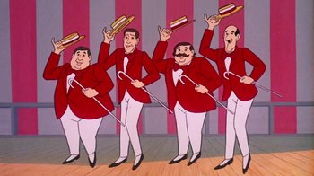 Movie still from “Charlotte's Web” (1973), directed by Iwao Takamoto – A group of men standing next to each other holding a hot dog; Wide shot, Low angle