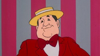 Movie still from “Charlotte's Web” (1973), directed by Iwao Takamoto – A cartoon of a man wearing a hat and a red jacket; Close Up shot, Low angle