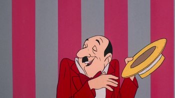 Movie still from “Charlotte's Web” (1973), directed by Iwao Takamoto – An animated picture of a man holding a banana; Close Up shot, Low angle