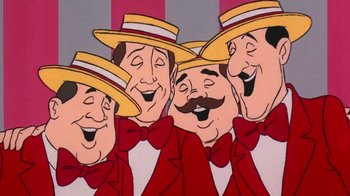 Movie still from “Charlotte's Web” (1973), directed by Iwao Takamoto – A group of men in red jackets and yellow hats with mustaches; Close Up shot, Low angle