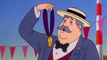 Movie still from “Charlotte's Web” (1973), directed by Iwao Takamoto – A man holding a medal in front of a blue sky background; Close Up shot, Low angle