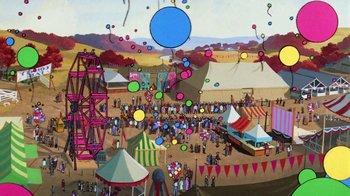 Movie still from “Charlotte's Web” (1973), directed by Iwao Takamoto – An aerial view of an amusement park filled with lots of people; Extreme Wide shot, High angle