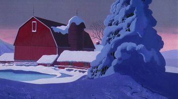 Movie still from “Charlotte's Web” (1973), directed by Iwao Takamoto – A painting of a snowy landscape with a red barn; Extreme Wide shot, Low angle