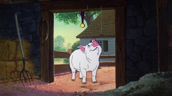 Movie still from “Charlotte's Web” (1973), directed by Iwao Takamoto – A cartoon of a pig standing in front of a house; Wide shot, Low angle