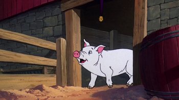 Movie still from “Charlotte's Web” (1973), directed by Iwao Takamoto – A cartoon of a pig standing next to a barn; Medium shot, High angle