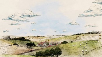 Movie still from “Charlotte's Web” (2006), directed by Gary Winick – An artistic drawing of a rural area with a church; Extreme Wide shot, Overhead angle