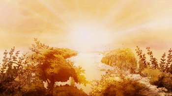 Movie still from “Charlotte's Web” (2006), directed by Gary Winick – An artistic painting of a lake and a forest; Extreme Wide shot, Low angle