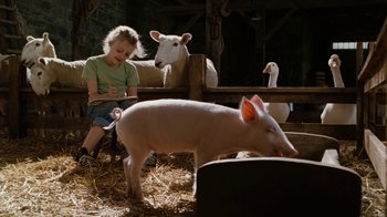 Movie still from “Charlotte's Web” (2006), directed by Gary Winick – A young girl sitting next to a pig and a sheep; Medium shot, High angle