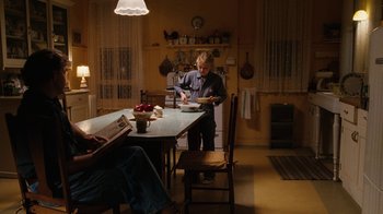 Movie still from “Charlotte's Web” (2006), directed by Gary Winick – Two people sitting at a table in a kitchen preparing a meal; Wide shot, Over the shoulder angle