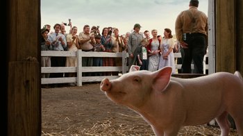 Movie still from “Charlotte's Web” (2006), directed by Gary Winick – A group of people standing around a pig in a pen; Medium shot, Over the shoulder angle