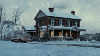 Movie still from “Charlotte's Web” (2006), directed by Gary Winick – A house that is covered in snow on a snowy day; Extreme Wide shot, Low angle