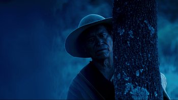 Movie still from “Che: Part Two” (2008), directed by Steven Soderbergh – An old man wearing a hat standing next to a tree; Medium shot, Low angle