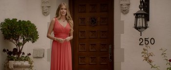Movie still from “Chef” (2014), directed by Jon Favreau – A woman in a red dress standing in front of a door; Wide shot, Over the shoulder angle