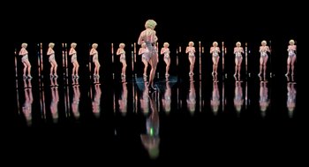 Movie still from “Chicago” (2002), directed by Rob Marshall – A woman in a white dress on the stage; Extreme Wide shot, High angle