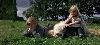 Movie still from “Chitty Chitty Bang Bang” (1968), directed by Ken Hughes – Two children laying in the grass next to a white dog; Medium shot, Low angle